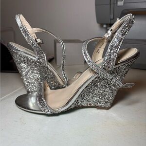 Betsey Johnson Silver Glitter Wedge Sandals - Women's Dress Heels